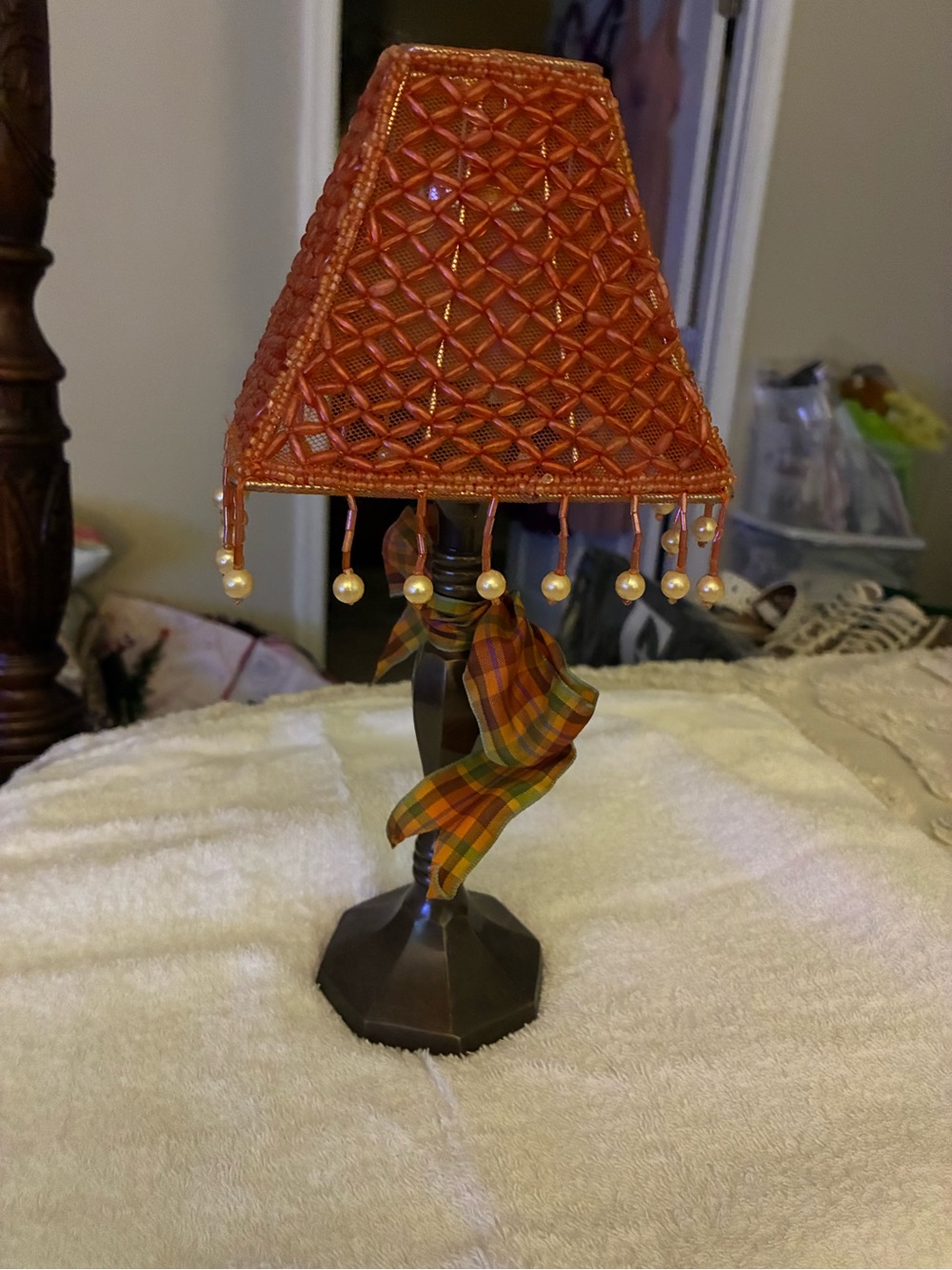 Vintage-like Boho Beaded Mini candle holder burnt orange beaded shade fringe